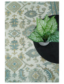 Wool Hand Knotted Oushak Area Rug - Teal Ivory Beige Oriental