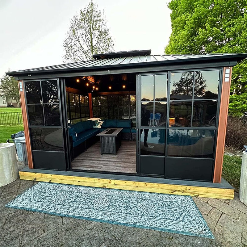 [12x14FT] Large Heavy Duty Outdoor Aluminum Patio Hard Double Steel Top Backyard Sun Room Gazebo (94625371)
