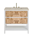 James Martin Olena 36" Single Bathroom Vanity, Polished White and Light Mappa Burl