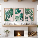 Pink Botanical 3 Piece Wall Art. Green Monstera Leaves Print by Wall Art Set