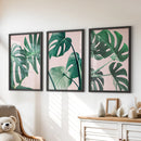Pink Botanical 3 Piece Wall Art. Green Monstera Leaves Print by Wall Art Set