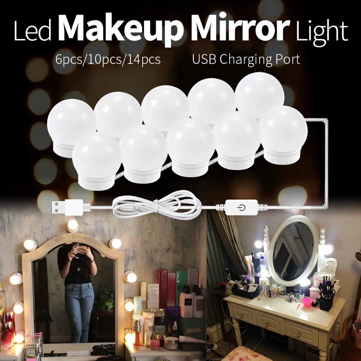 LED Mirror Light Bulbs with USB Touch Switch for Vanity & Dressing Table, photo 3 of 21