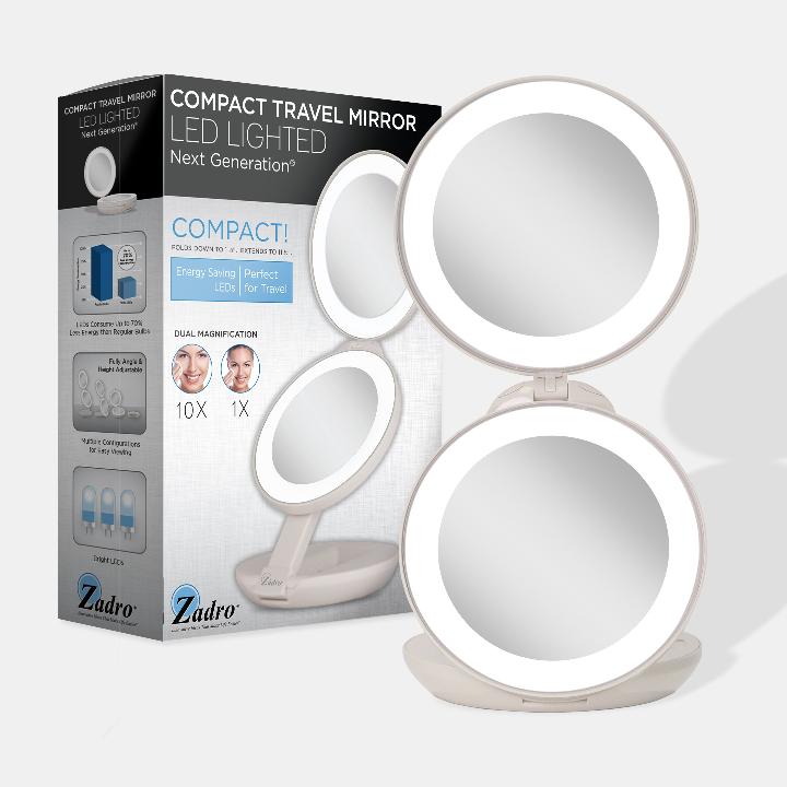 Lighted Travel Mirror with Magnification & Folding-to-Compact