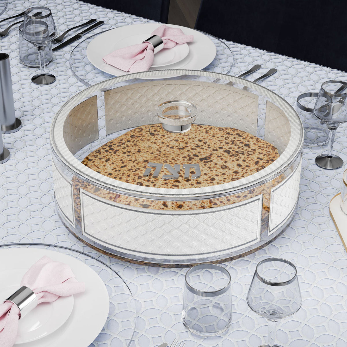 Diamond Leatherite Round Matzah Box, installed in a room
