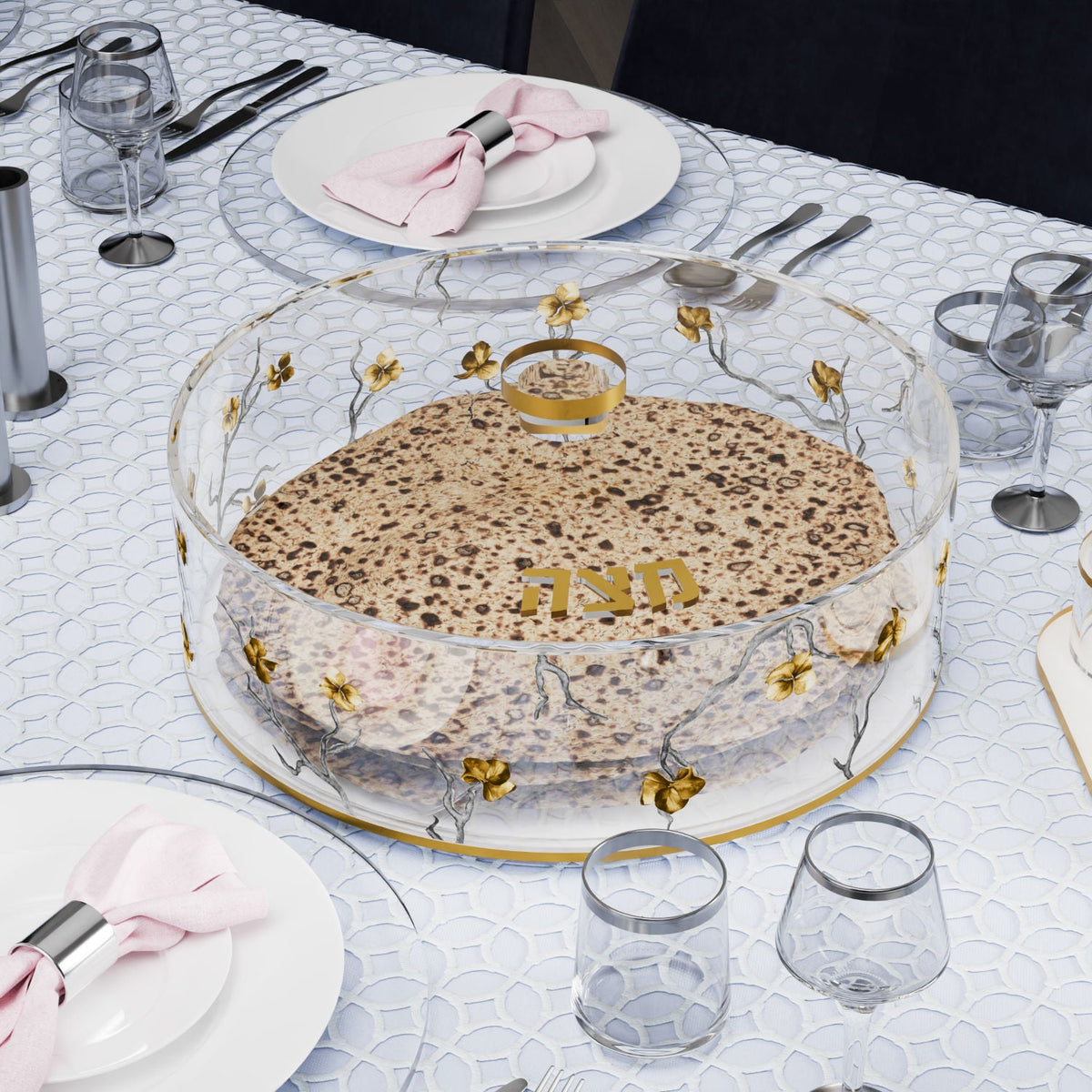 Golden Branch Round Matzah Box, installed in a room