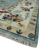 Light Blue and Ivory hand knotted 8.10x11.8 Vibrant colorful Traditional Oushak Wool Area Rug