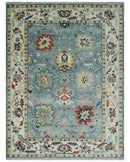 Light Blue and Ivory hand knotted 8.10x11.8 Vibrant colorful Traditional Oushak Wool Area Rug
