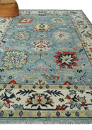 Light Blue and Ivory hand knotted 8.10x11.8 Vibrant colorful Traditional Oushak Wool Area Rug