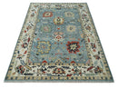 Light Blue and Ivory hand knotted Vibrant colorful Traditional Oushak Wool Area Rug