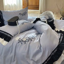 GobekUsa Flowers Embroidery Ruffles Cotton Bedding Set with Duvet Cover, Sheet, Pillowcases
