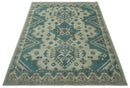 Light Green Teal Charcoal Wool Area Rug - Hand-Knotted Traditional