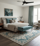 Light Green Teal Charcoal Wool Area Rug - Hand-Knotted Traditional