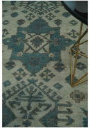 Light Green Teal Charcoal Wool Area Rug - Hand-Knotted Traditional