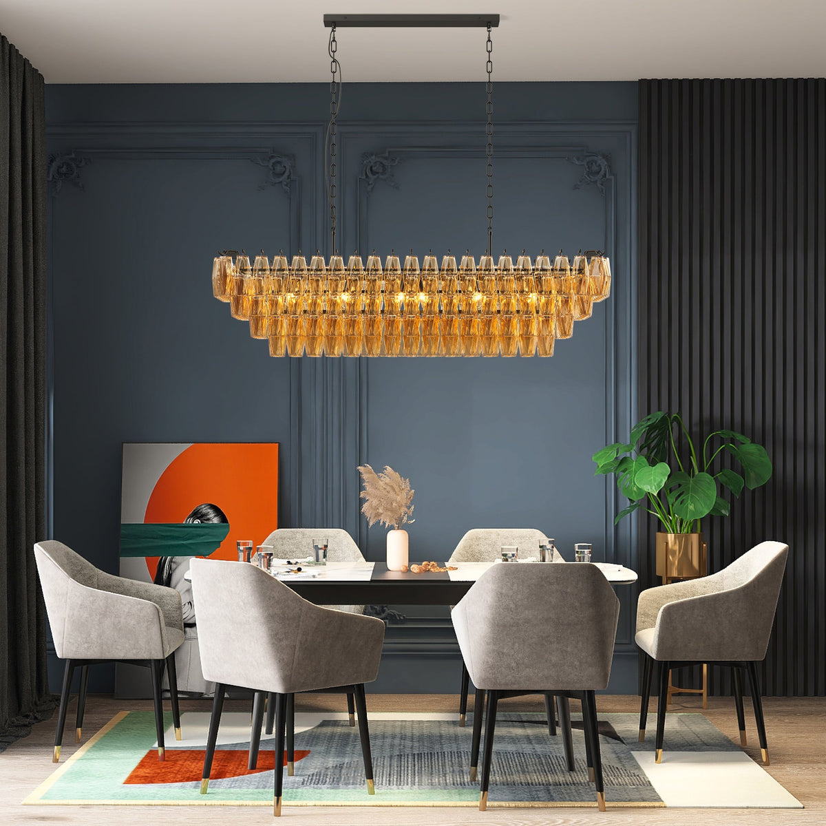 54-Inch Black Rectangular 12-Light Smoke Glass Chandelier, photo 3 of 10