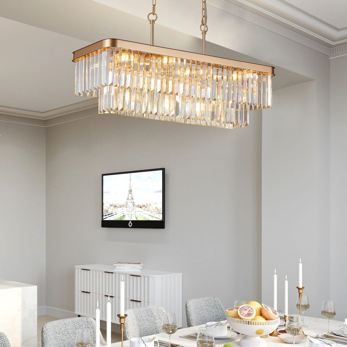 Rectangular Crystal Chandelier Adjustable Gold Iron Ceiling Light, photo 2 of 10