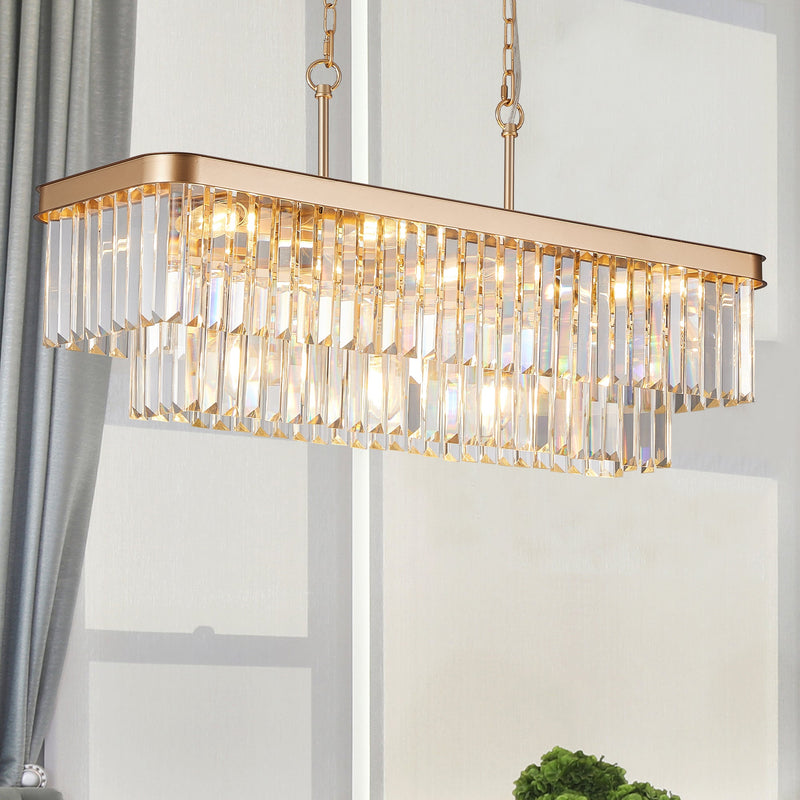 Rectangular Crystal Chandelier Adjustable Gold Iron Ceiling Light, photo 4 of 10
