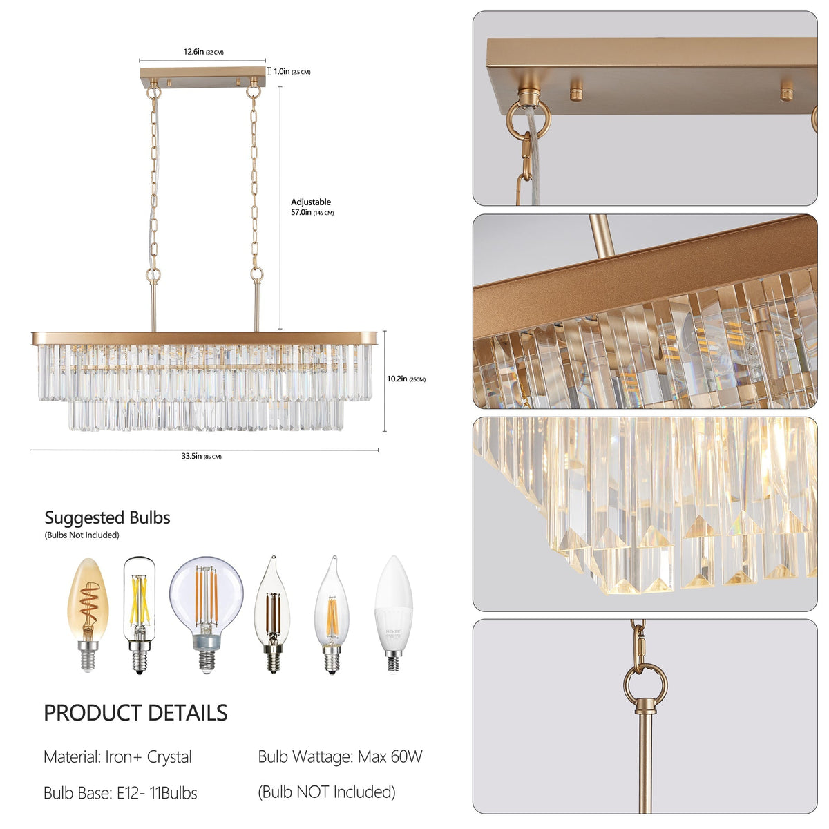 Rectangular Crystal Chandelier Adjustable Gold Iron Ceiling Light, photo 8 of 10