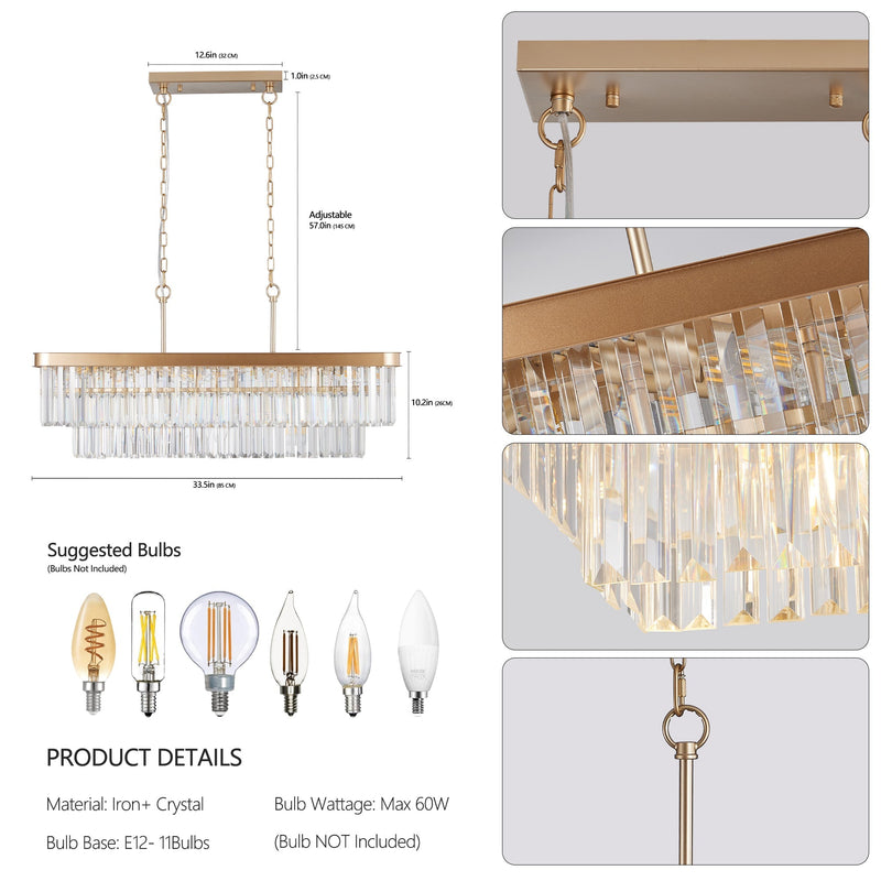 Rectangular Crystal Chandelier Adjustable Gold Iron Ceiling Light, photo 8 of 10