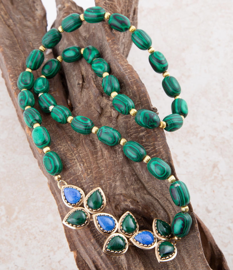 Linked Blue Lapis and Green Malachite Golden Necklace