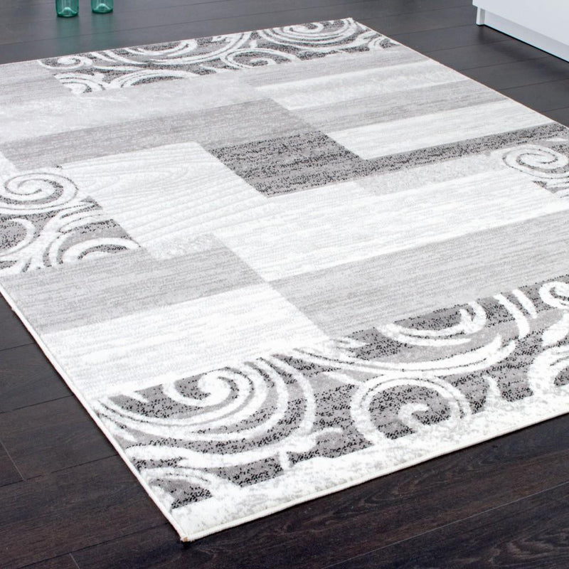 Living Room Rug Low-Pile in Grey White Cream