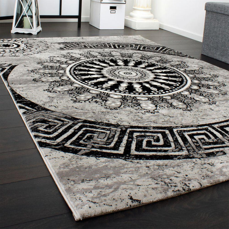 Living Room Rug, Mandala Design, Short-Pile With Oriental Pattern And Marble Look