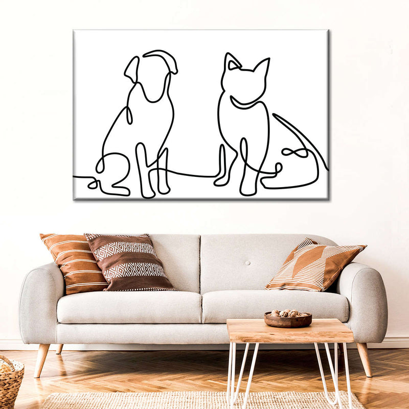 One Line Dog And Cat Wall Art