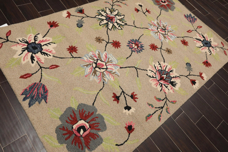 5' x 8' Handmade Wool Loop Pile Floral Traditional Oriental Area Rug Taupe