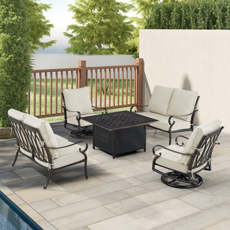 Black Aluminum Fire Table Set with Two Loveseats and Two Club Chairs