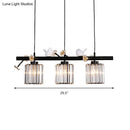 GobekUsa Black Island Pendant Light with Clear Crystal Cylinder and Lodge Style Accents - 3 Lights, Bird and Flower Design