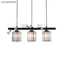 GobekUsa Black Island Pendant Light with Clear Crystal Cylinder and Lodge Style Accents - 3 Lights, Bird and Flower Design