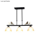 GobekUsa Lodge-Style Dome Pendant Island Lamp w/ 3-Light Milky Glass, Black Iron & Bird Design