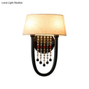 GobekUsa Drum Wall Sconce: Lodge Style Fabric Lamp with Crystal Bead Detail, 2 Bulbs and U-Shaped Arm in Black