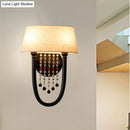 GobekUsa Drum Wall Sconce: Lodge Style Fabric Lamp with Crystal Bead Detail, 2 Bulbs and U-Shaped Arm in Black