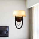 GobekUsa Drum Wall Sconce: Lodge Style Fabric Lamp with Crystal Bead Detail, 2 Bulbs and U-Shaped Arm in Black