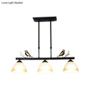 GobekUsa Lodge-Style Dome Pendant Island Lamp w/ 3-Light Milky Glass, Black Iron & Bird Design