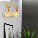 GobekUsa Lodge Style Metal Deer Head Wall Sconce: 1/2-Bulb Wall Mount Light with Crystal Dome Shade in Chrome/Gold