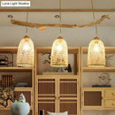 GobekUsa Lodge Style Wood Pendant Light with Bamboo Shade - 3-Bulb Island Lamp for Restaurants