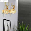 GobekUsa Lodge Style Metal Deer Head Wall Sconce: 1/2-Bulb Wall Mount Light with Crystal Dome Shade in Chrome/Gold