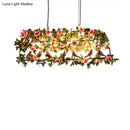 GobekUsa Loft Style Iron Birdcage Pendant Light with Artificial Green-Pink Flower and Plant - 4 Bulbs Island Lamp