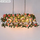 GobekUsa Loft Style Iron Birdcage Pendant Light with Artificial Green-Pink Flower and Plant - 4 Bulbs Island Lamp