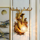 GobekUsa Loft Style Wall Mounted Sconce with Clear Crystal Shade, Blue/Gold Finish and Deer Head Accent