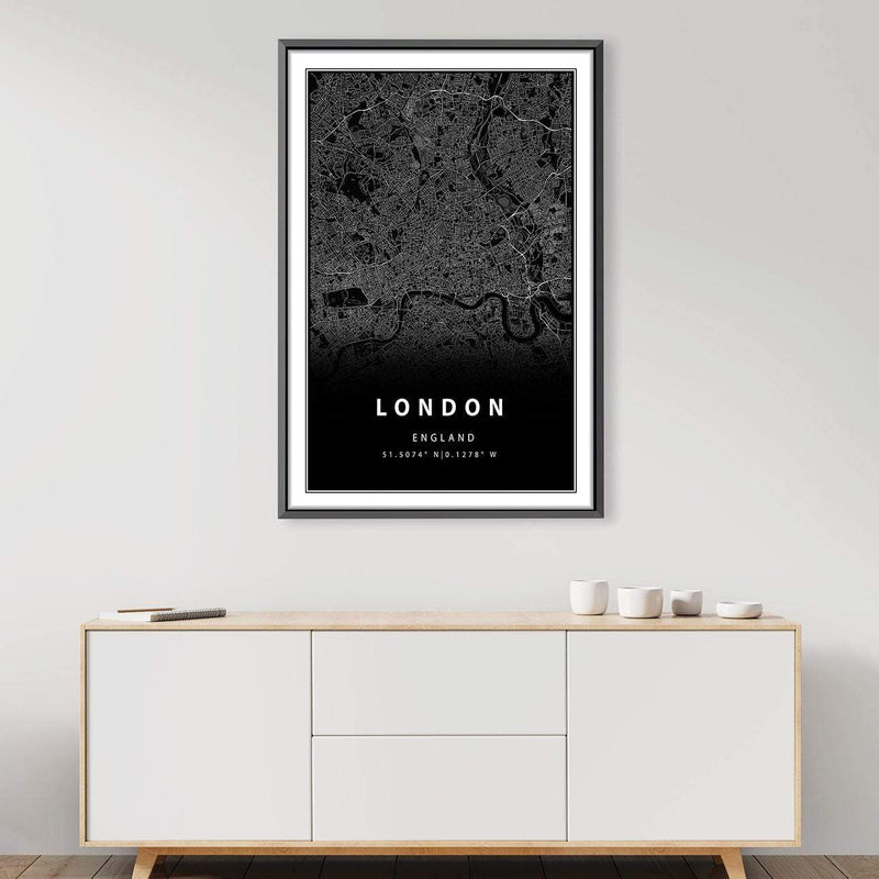 London Black Map Canvas