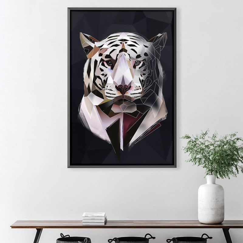 Low Poly White Tiger Dark Canvas