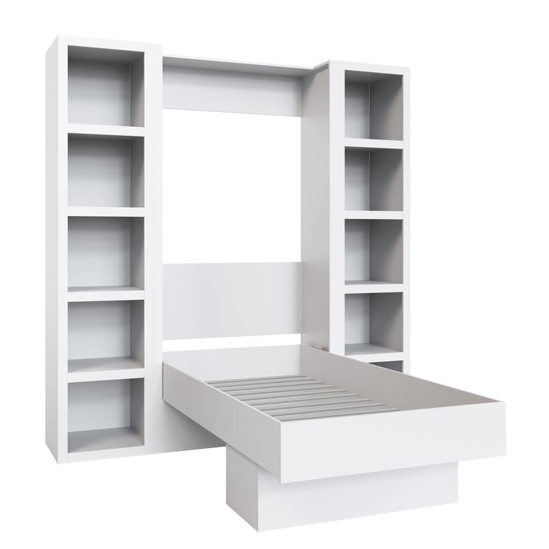 Easy-Lift Full Murphy Wall Bed in White with Two Bookshelves