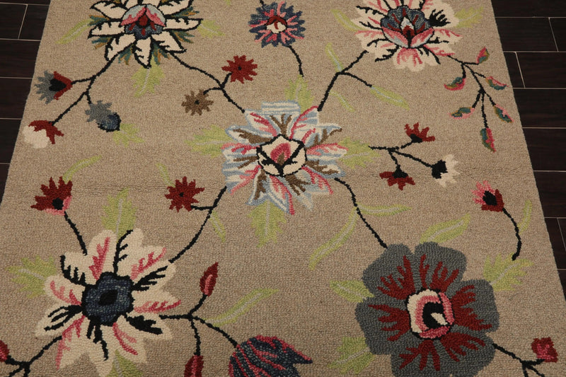 5' x 8' Handmade Wool Loop Pile Floral Traditional Oriental Area Rug Taupe