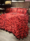 GobekUsa Jacquard Rose Lace Bedding Set, Luxurious European Style, Red & Champagne