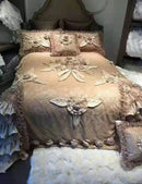 GobekUsa Jacquard Rose Lace Bedding Set, Luxurious European Style, Red & Champagne