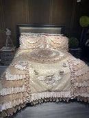 GobekUsa Jacquard Rose Lace Bedding Set, Luxurious European Style, Red & Champagne