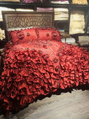 GobekUsa Jacquard Rose Lace Bedding Set, Luxurious European Style, Red & Champagne