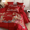 GobekUsa Gold Loong Phoenix Embroidery Queen Bedding Set, Luxurious Brushed 4Pcs Set